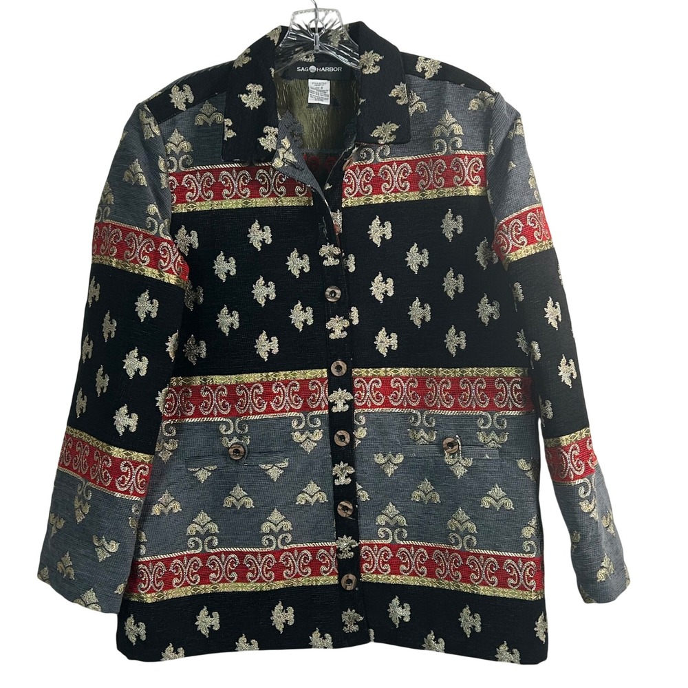 Sag Harbor Vintage Tapestry Jacket Fleur-de-lis Black Gold Red Womens 8